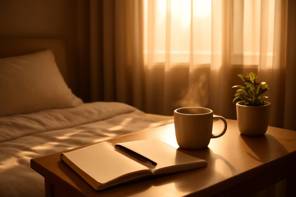 Quarto aconchegante com luz da manhã, caderno e café, representando uma rotina matinal de afirmações positivas