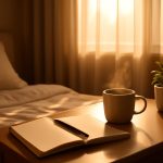 Quarto aconchegante com luz da manhã, caderno e café, representando uma rotina matinal de afirmações positivas