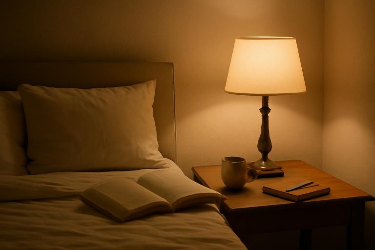 Quarto aconchegante à noite com livro e diário na mesa de cabeceira, representando ritual de afirmações de prosperidade