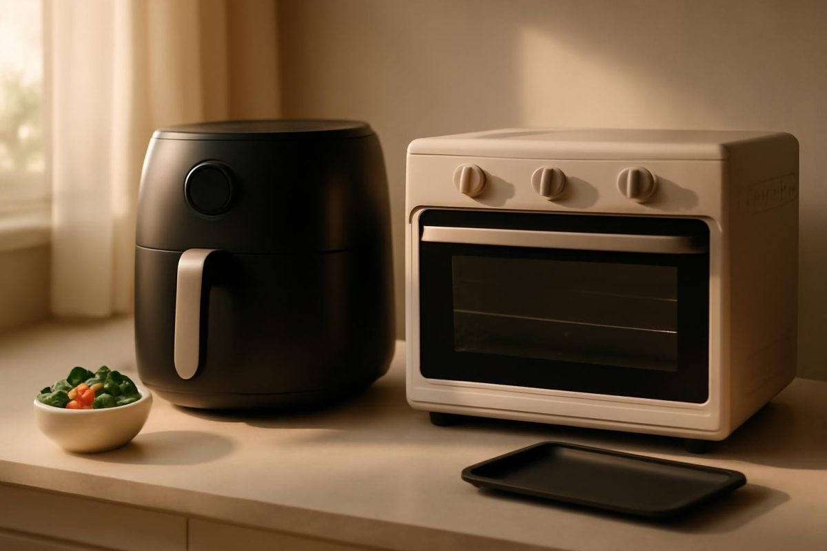 Air fryer e forno elétrico lado a lado em bancada de cozinha moderna, com legumes e assadeira ao fundo.