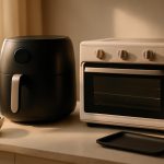 Air fryer e forno elétrico lado a lado em bancada de cozinha moderna, com legumes e assadeira ao fundo.