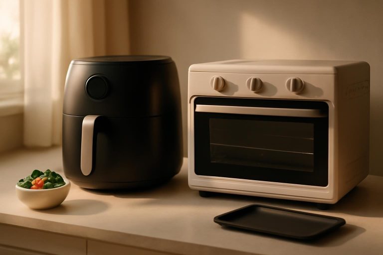 Air fryer e forno elétrico lado a lado em bancada de cozinha moderna, com legumes e assadeira ao fundo.