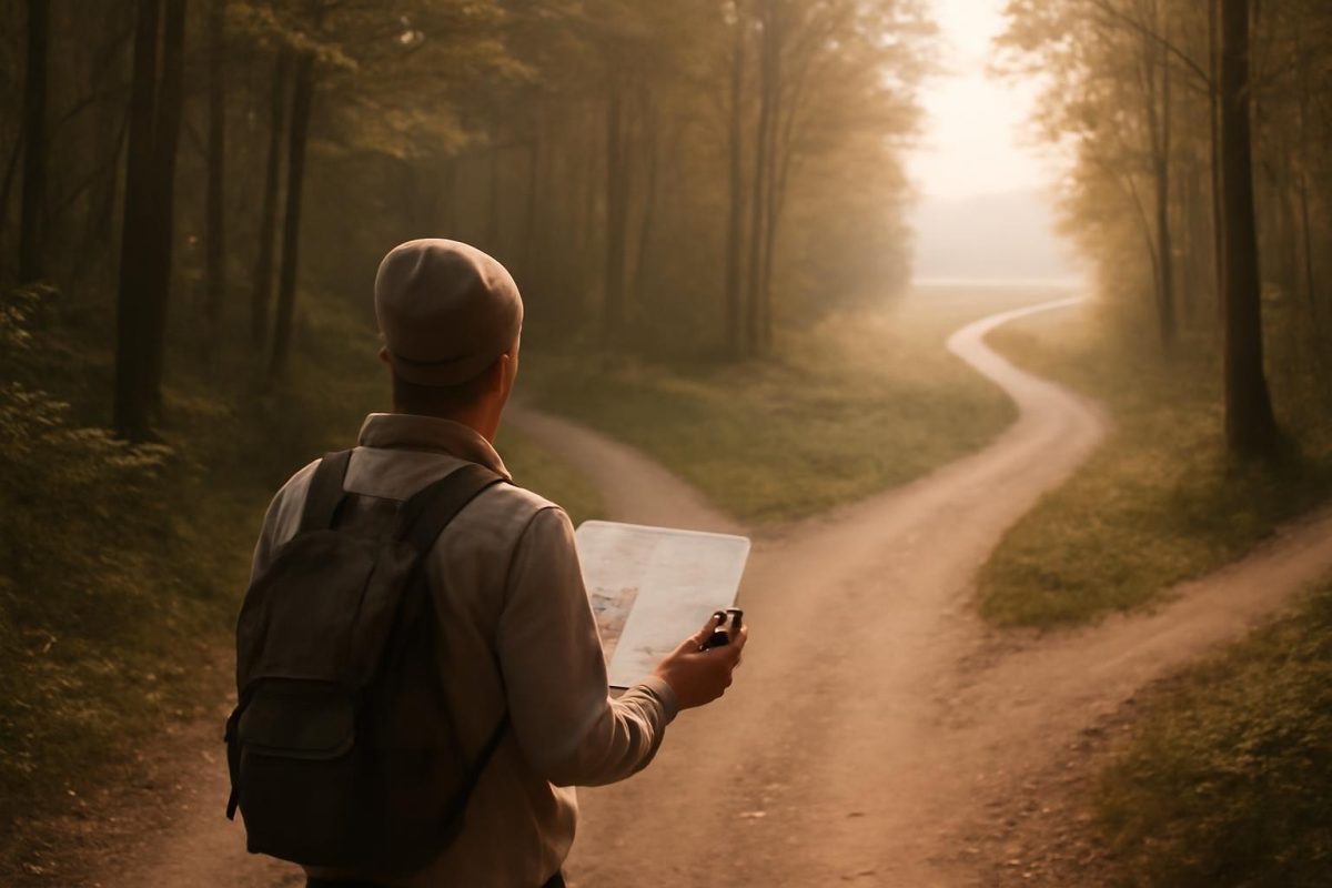 como ajustar um plano que não está funcionando 1 Pessoa caminhando por trilha sinuosa segurando mapa e bússola, com destino ao fundo, simbolizando ajuste de plano.