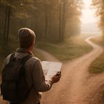 Pessoa caminhando por trilha sinuosa segurando mapa e bússola, com destino ao fundo, simbolizando ajuste de plano.
