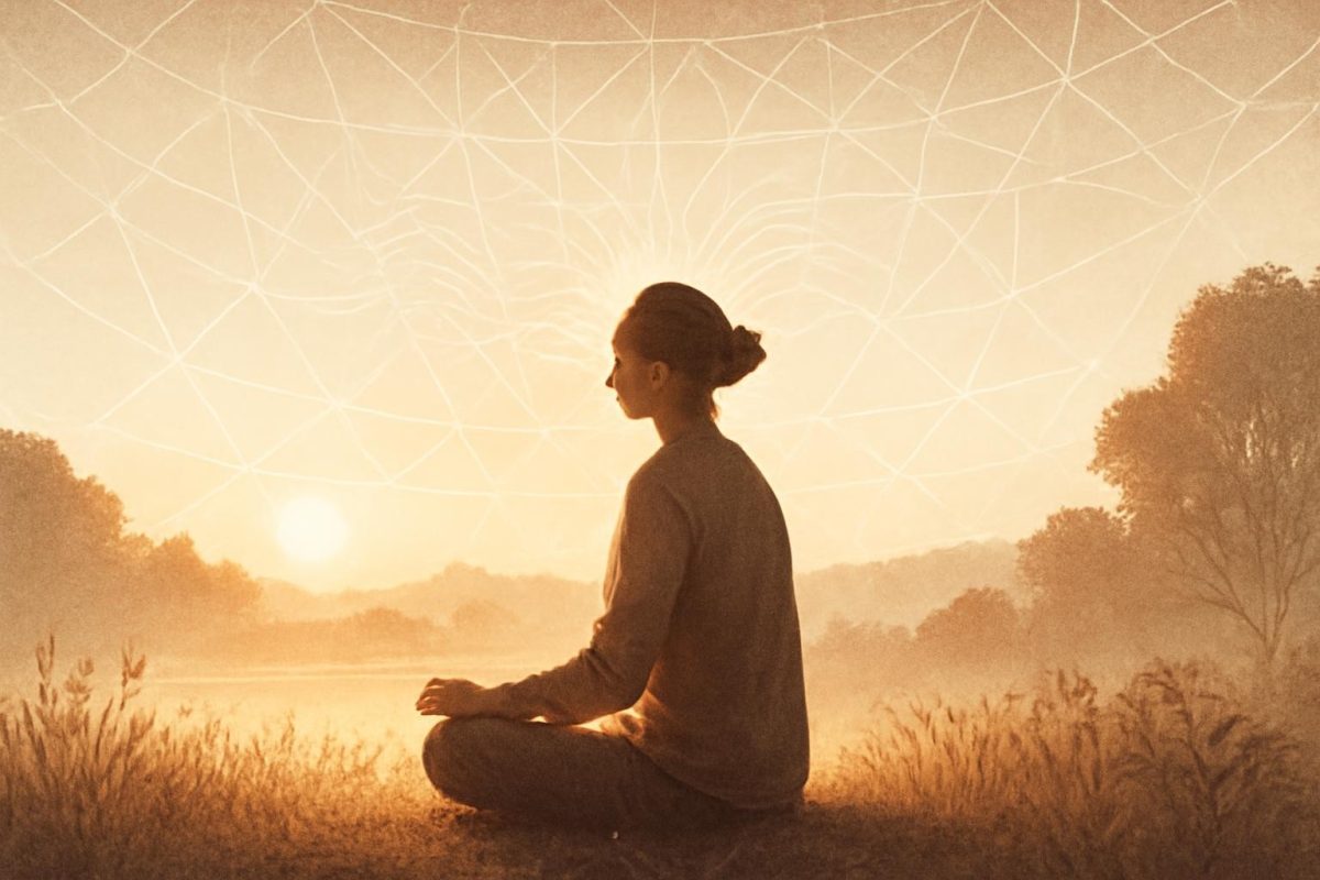 Pessoa meditando ao amanhecer com linhas geométricas e ondas suaves representando conexão entre mente e leis universais