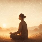 Pessoa meditando ao amanhecer com linhas geométricas e ondas suaves representando conexão entre mente e leis universais