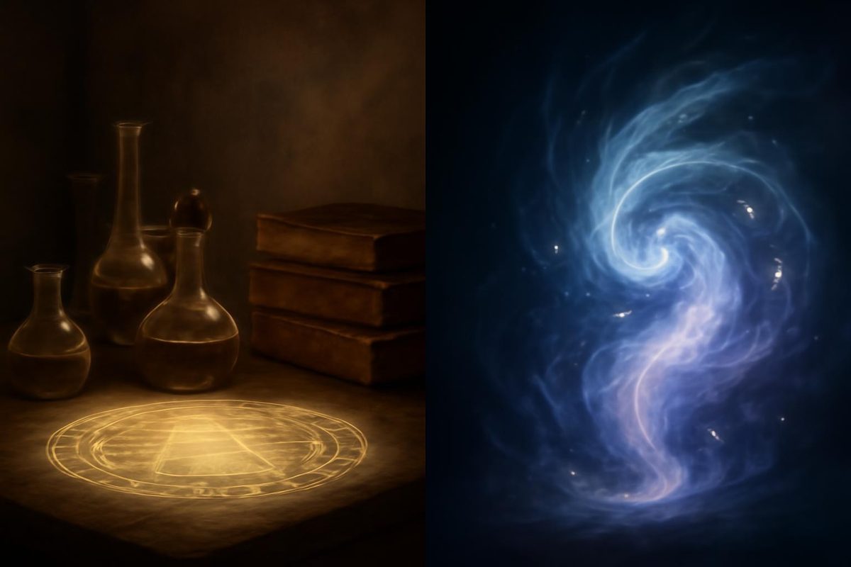 Ilustração comparando alquimia e magia: laboratório alquímico de um lado e energia mágica do outro