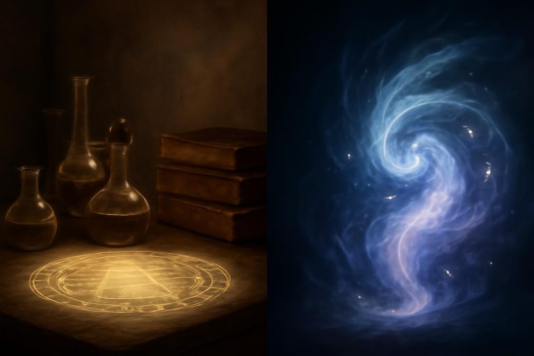 Ilustração comparando alquimia e magia: laboratório alquímico de um lado e energia mágica do outro