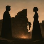 Ilustração de dois vultos separados por um muro em ruínas ao crepúsculo, simbolizando o amor proibido entre famílias