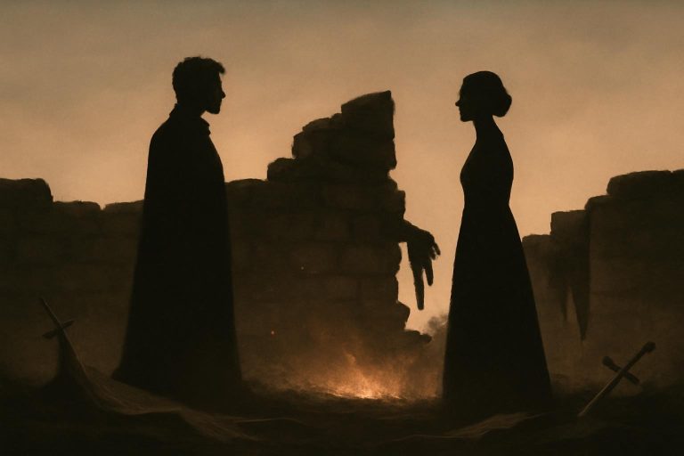 Ilustração de dois vultos separados por um muro em ruínas ao crepúsculo, simbolizando o amor proibido entre famílias