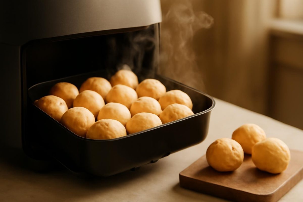 Pães de queijo dourados assados no air fryer oven, servidos em cesta e tábua de madeira.