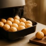 Pães de queijo dourados assados no air fryer oven, servidos em cesta e tábua de madeira.
