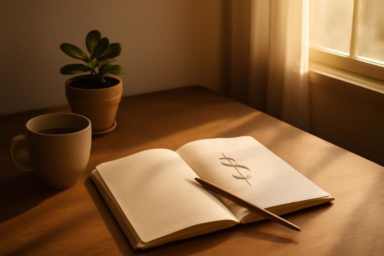 Mesa organizada com caderno, caneta e planta, simbolizando planejamento financeiro e gratidão para atrair prosperidade.
