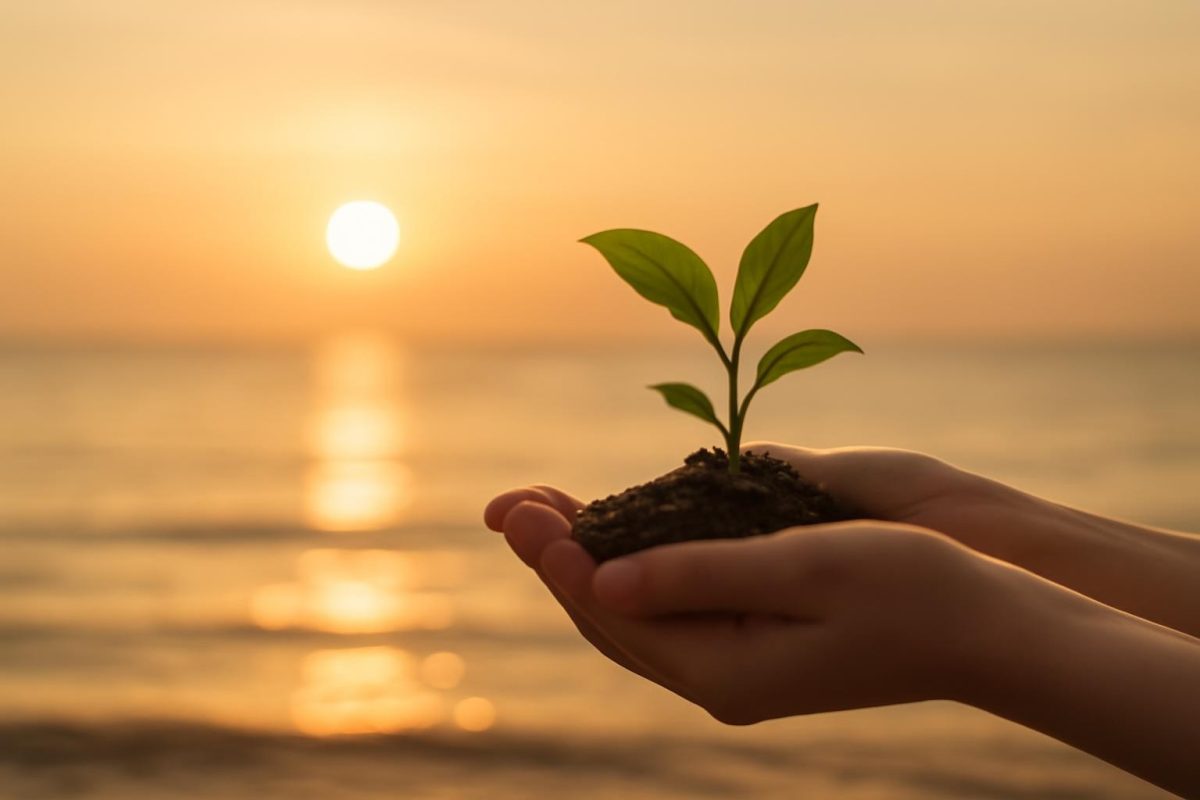 Mãos segurando uma pequena planta brotando do solo ao nascer do sol, simbolizando prosperidade e crescimento.