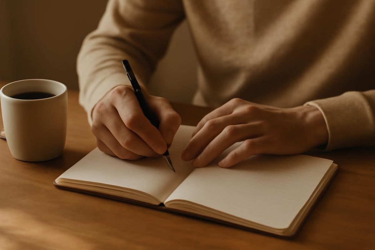 Mãos escrevendo em caderno em mesa de madeira com luz suave da manhã, representando prática diária de auto-sugestão