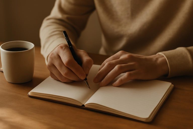 Mãos escrevendo em caderno em mesa de madeira com luz suave da manhã, representando prática diária de auto-sugestão