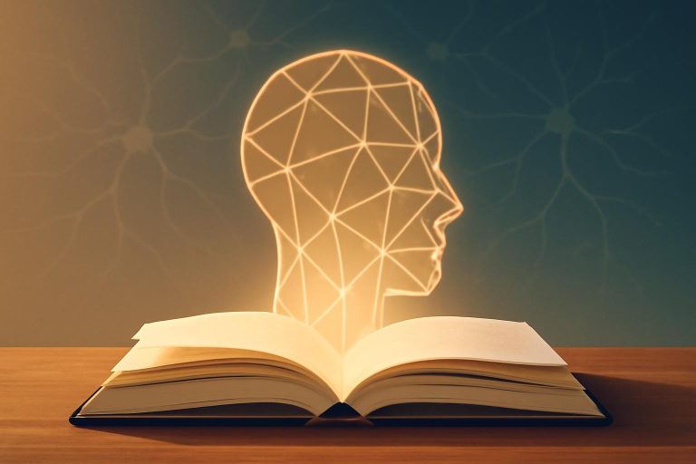 Livro aberto com um esboço luminoso de uma cabeça humana saindo das páginas, representando a autossugestão