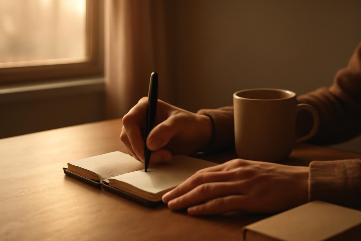 auto-sugestão: como programar o subconsciente para o sucesso 1 Mãos escrevendo em caderno ao amanhecer, representando rotina diária de auto-sugestão para programar o subconsciente