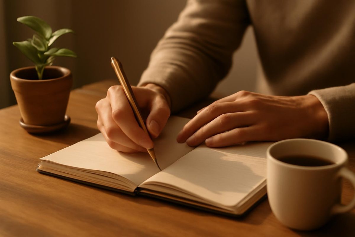 autossugestão funciona mesmo? guia sem ilusão 1 Mãos escrevendo em um diário em uma mesa de madeira com luz da manhã, representando a prática diária de autossugestão.