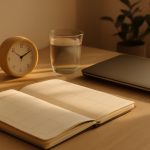 Agenda aberta com blocos de tempo marcados a lápis em uma mesa de trabalho iluminada pela manhã