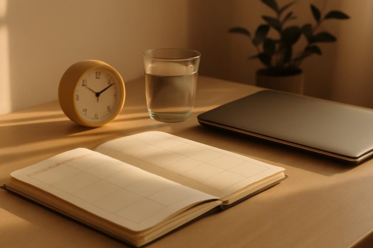 Agenda aberta com blocos de tempo marcados a lápis em uma mesa de trabalho iluminada pela manhã