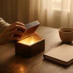 Mãos abrindo uma caixa de madeira com luz dourada, simbolizando desbloqueio financeiro e prosperidade.