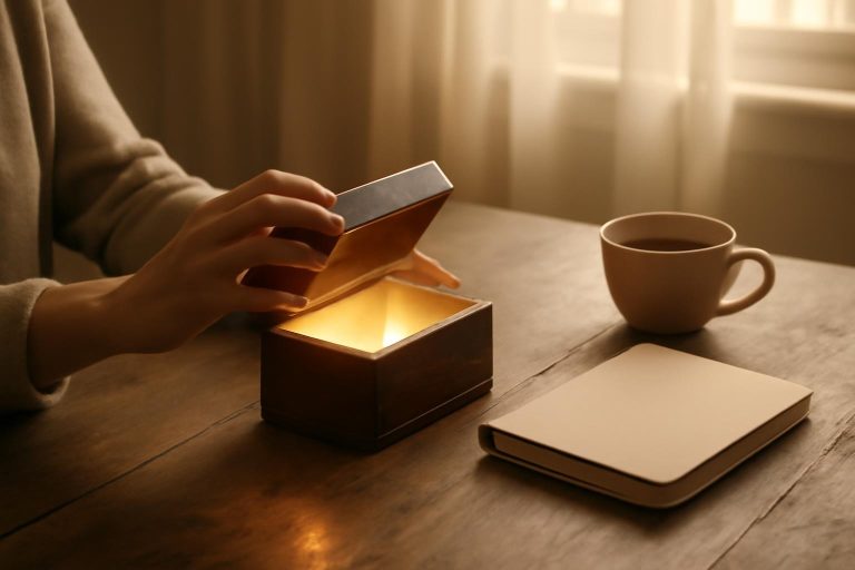 Mãos abrindo uma caixa de madeira com luz dourada, simbolizando desbloqueio financeiro e prosperidade.