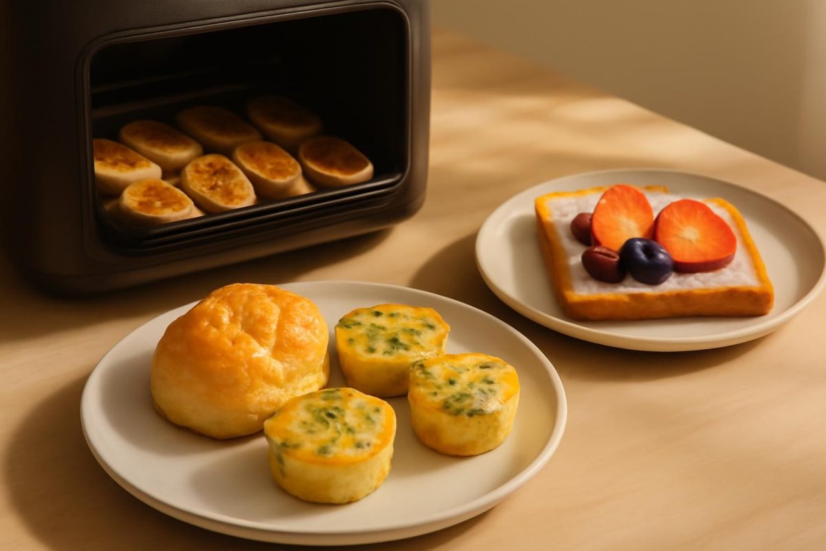 Café da manhã variado feito no forno air fryer, com pão recheado, banana assada e ovos em forminhas