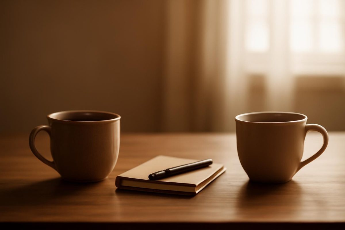 como se comunicar melhor em um relacionamento: 6 práticas 1 Duas xícaras de café e um caderno sobre a mesa, representando uma conversa calma a dois