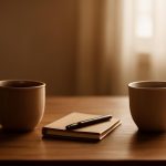 Duas xícaras de café e um caderno sobre a mesa, representando uma conversa calma a dois