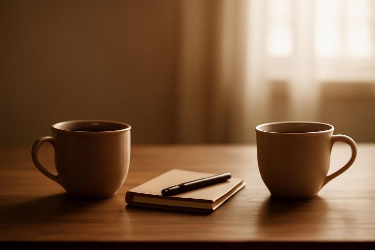 Duas xícaras de café e um caderno sobre a mesa, representando uma conversa calma a dois