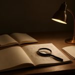Mesa de trabalho com cadernos abertos, lupa sobre diagrama e uma lâmpada iluminando apenas a área de estudo, representando