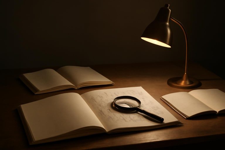Mesa de trabalho com cadernos abertos, lupa sobre diagrama e uma lâmpada iluminando apenas a área de estudo, representando