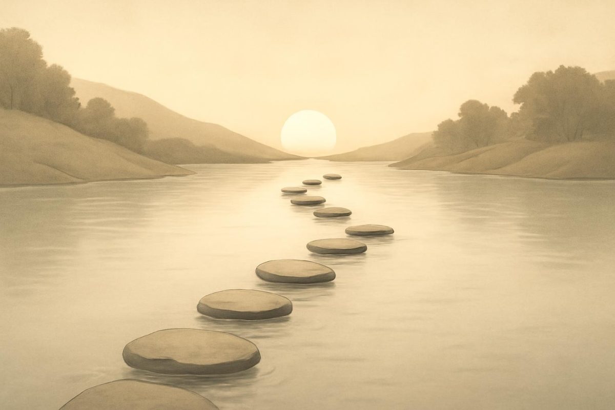 como construir hábitos que duram: sem depender de motivação 1 Ilustração de pedras formando um caminho sobre um rio calmo em direção ao nascer do sol, representando a construção gradual