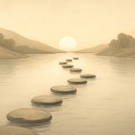 Ilustração de pedras formando um caminho sobre um rio calmo em direção ao nascer do sol, representando a construção gradual