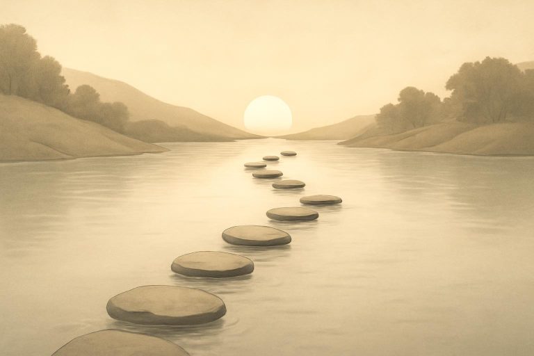 Ilustração de pedras formando um caminho sobre um rio calmo em direção ao nascer do sol, representando a construção gradual