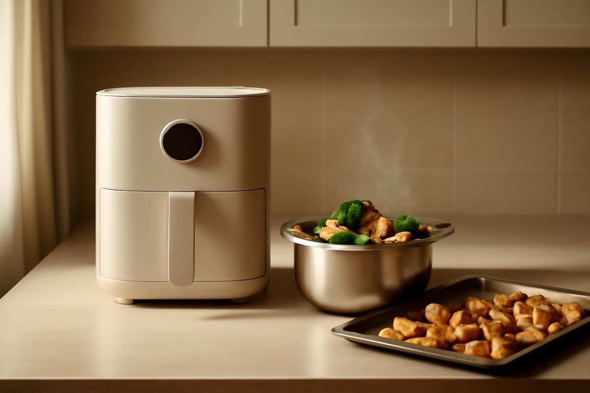 como cozinhar sem óleo: métodos e dicas para o dia a dia 1 Cozinha moderna com air fryer, cesta de vapor e assadeira de legumes assados, representando métodos de cozinhar sem óleo