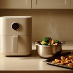 Cozinha moderna com air fryer, cesta de vapor e assadeira de legumes assados, representando métodos de cozinhar sem óleo