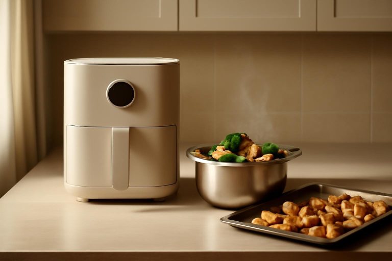 Cozinha moderna com air fryer, cesta de vapor e assadeira de legumes assados, representando métodos de cozinhar sem óleo