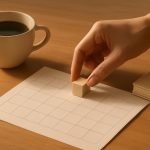 Mão colocando bloco de madeira em calendário ao lado de caderno e café, representando rotina sustentável
