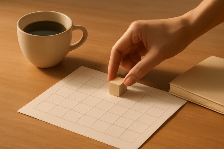 Mão colocando bloco de madeira em calendário ao lado de caderno e café, representando rotina sustentável