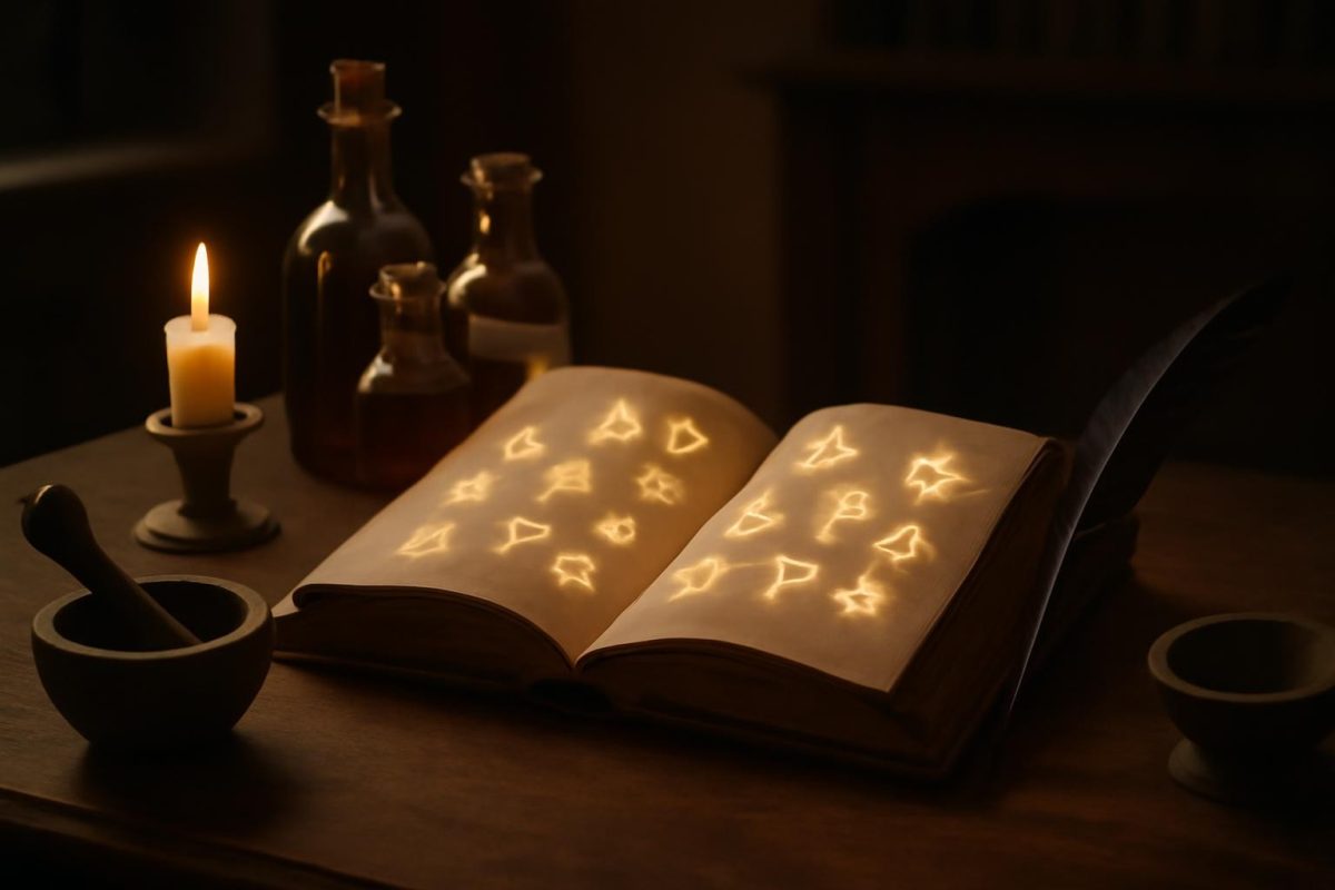 Livro aberto com runas brilhantes cercado por ferramentas de alquimia em uma mesa de madeira, ambiente de fantasia.