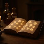 Livro aberto com runas brilhantes cercado por ferramentas de alquimia em uma mesa de madeira, ambiente de fantasia.
