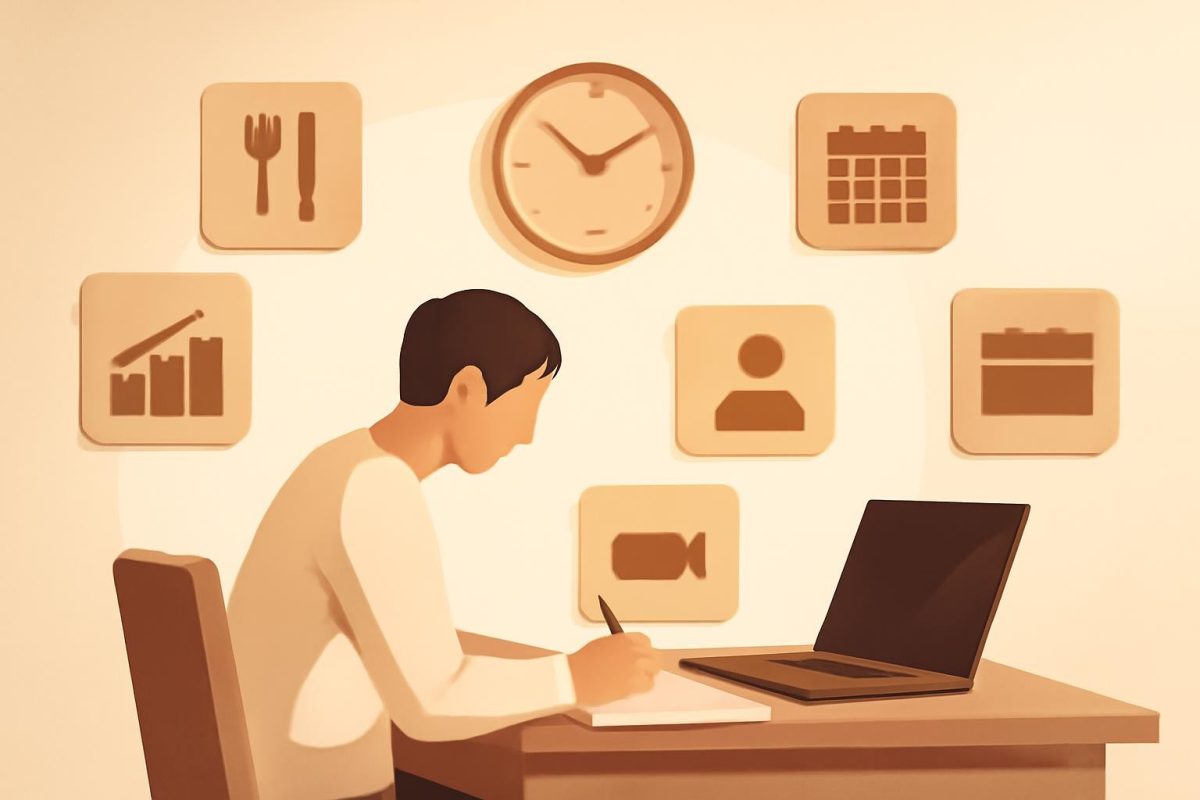 Ilustração de uma pessoa organizando blocos de tempo em uma mesa de trabalho para descobrir onde as horas são gastas.