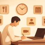 Ilustração de uma pessoa organizando blocos de tempo em uma mesa de trabalho para descobrir onde as horas são gastas.