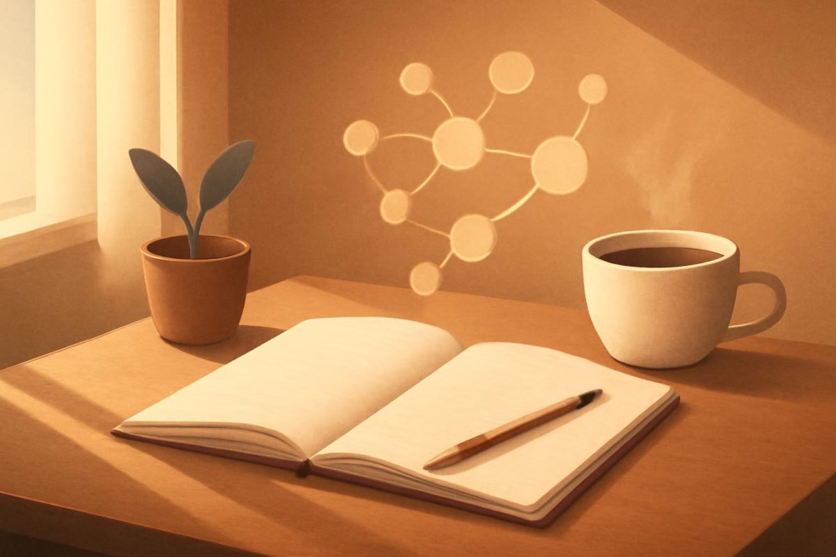 Mesa de trabalho com caderno aberto, lápis e xícara de café, com formas abstratas sugerindo ideias criativas.