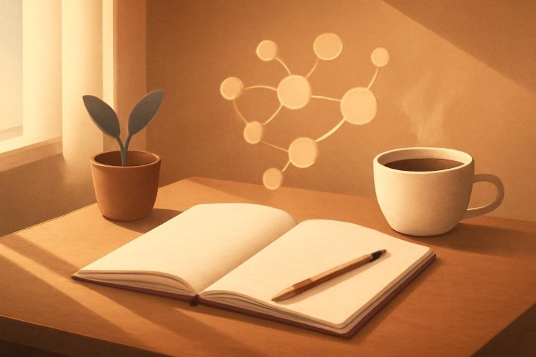 Mesa de trabalho com caderno aberto, lápis e xícara de café, com formas abstratas sugerindo ideias criativas.