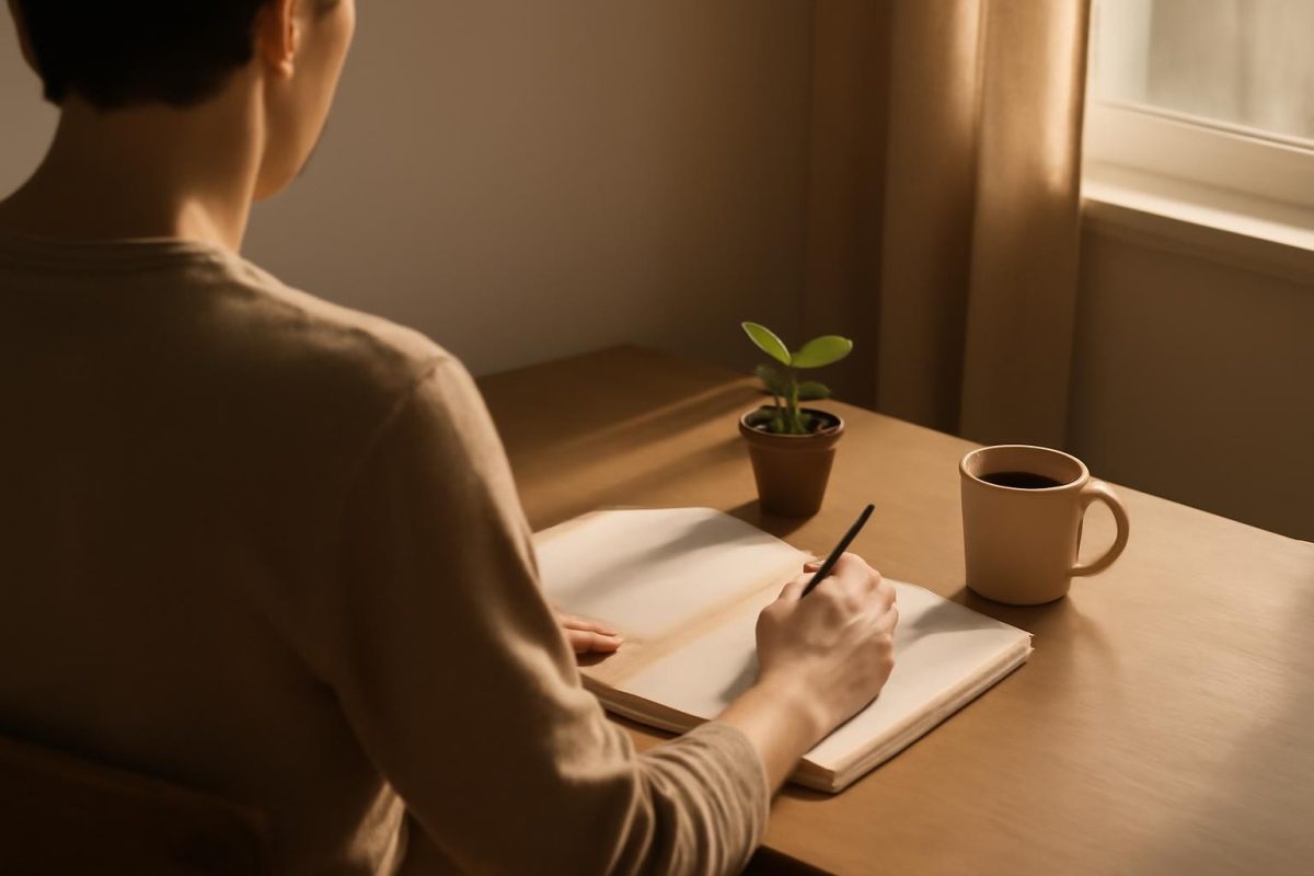 Pessoa em uma mesa de madeira com caderno aberto, caneta e uma pequena muda de planta ao lado de uma xícara de café, em luz