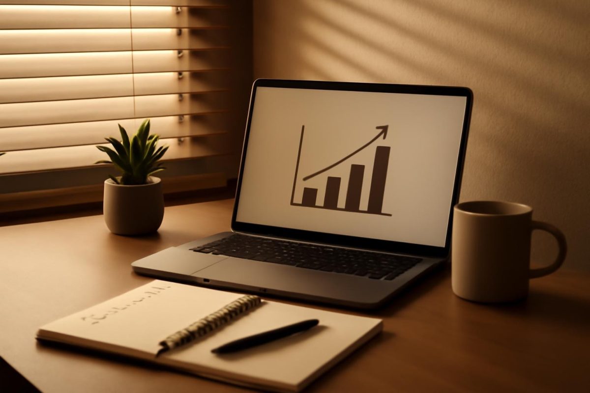 como se destacar no trabalho sem parecer puxa-saco 1 Mesa de trabalho ao fim do dia com notebook e gráfico de progresso simples, representando destaque profissional