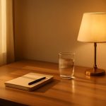 Mesa de trabalho ao amanhecer com caderno, caneta e luz suave representando disciplina diária